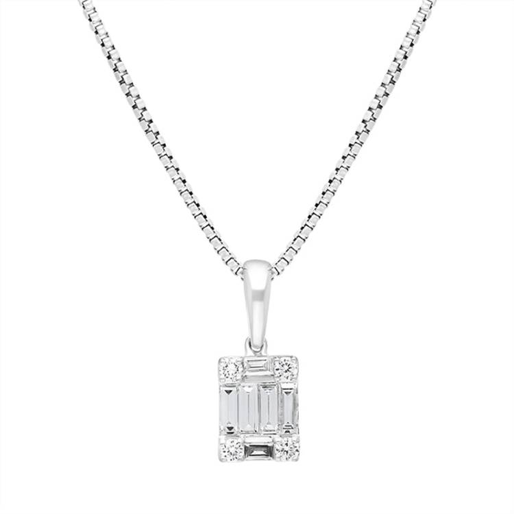 18ct White Gold 0.39ct Diamond Baguette Round Brilliant Cut Cluster Pendant - White Gold
