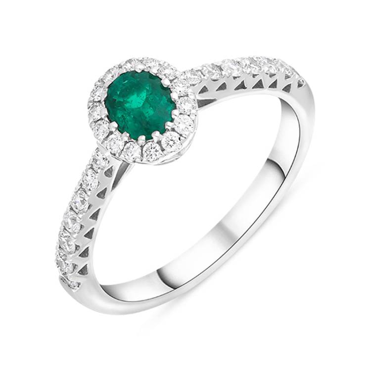 18ct White Gold 0.40ct Emerald Diamond Shoulder Set Halo Ring - White Gold