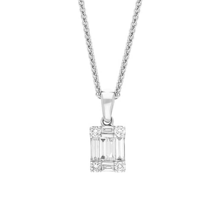 18ct White Gold 0.42ct Diamond Round Brilliant and Emerald Cut Cluster Pendant - White Gold
