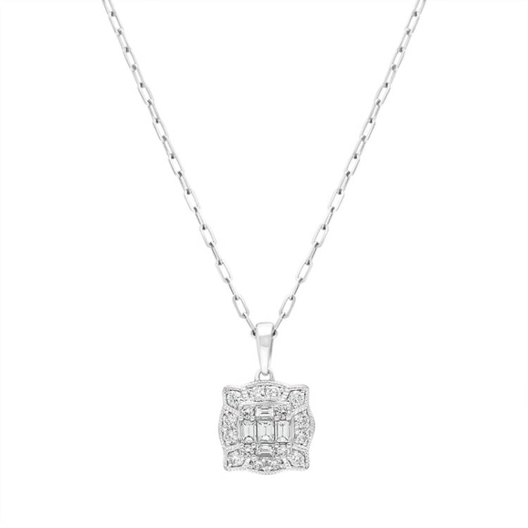 18ct White Gold 0.42ct Diamond Baguette Cut Cluster Pendant - White Gold