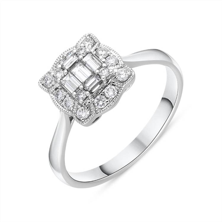 18ct White Gold 0.45ct Diamond Baguette Cut Vintage Style Cluster Ring - White Gold