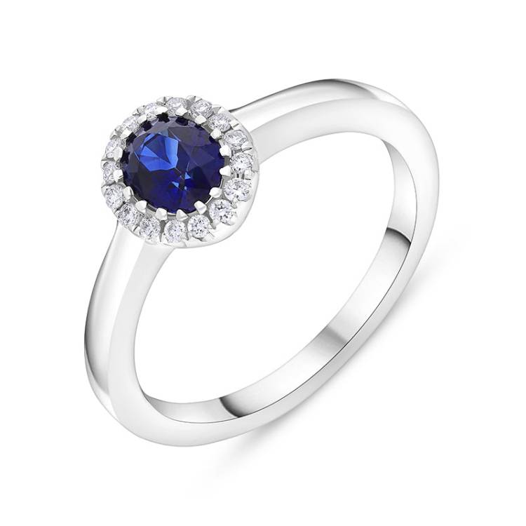 18ct White Gold 0.53ct Sapphire 0.08ct Diamond Oval Cluster Ring - I