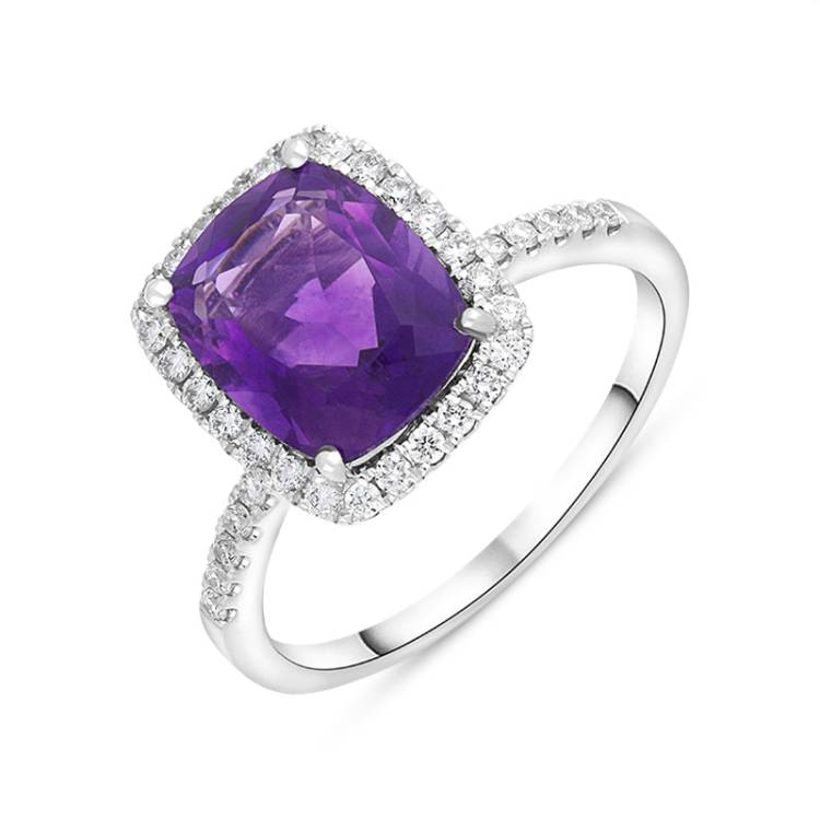 18ct White Gold 2.58ct Amethyst Diamond Shoulder Set Halo Ring - White Gold