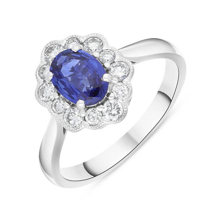 18ct White Gold 0.80ct Sapphire Diamond Oval Cluster Halo Ring - White Gold
