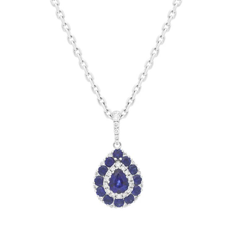 18ct White Gold 0.84ct Sapphire Diamond Cluster Pear Necklace - Gold