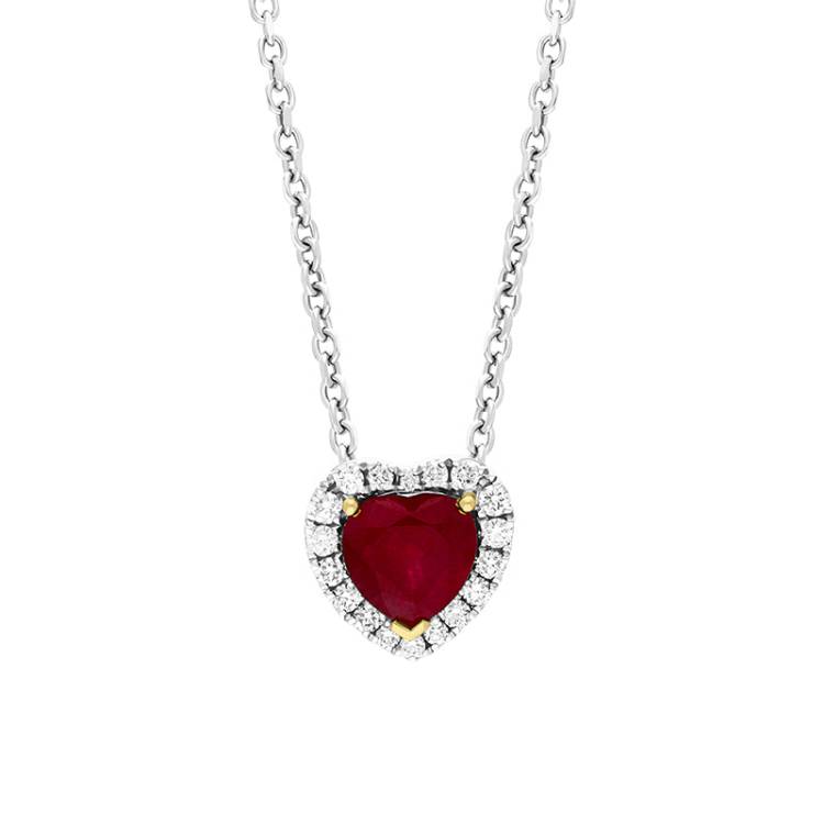 18ct White Gold 0.94ct Ruby Diamond Heart Cluster Pendant - White Gold