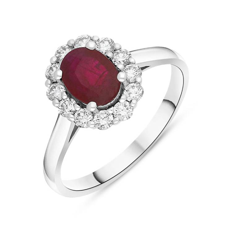 18ct White Gold 0.98ct Ruby Diamond Oval Cluster Halo Ring - White Gold