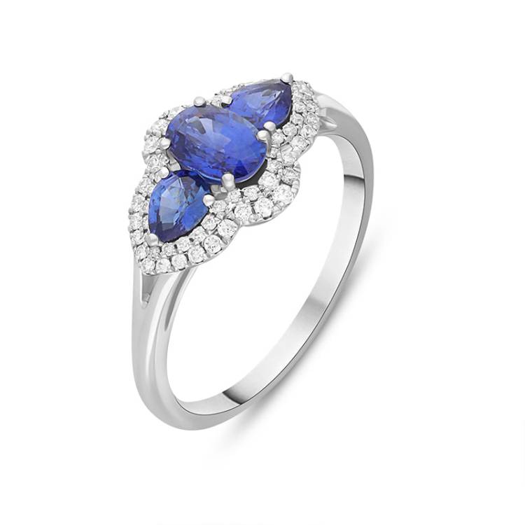 18ct White Gold 1.47ct Diamond Sapphire Cluster Trilogy Ring