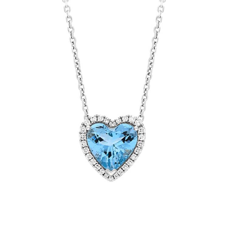 18ct White Gold 2.02ct Aquamarine Diamond Heart Cluster Pendant - White Gold