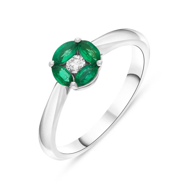 18ct White Gold Emerald Diamond Marquise Stone Round Cluster Ring - Gold