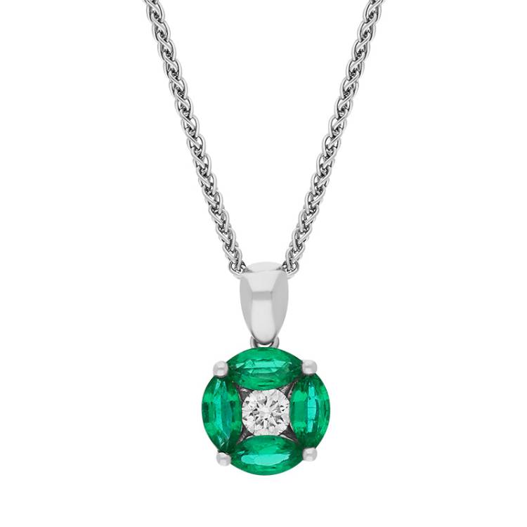 18ct White Gold Emerald Diamond Marquise Stone Round Cluster Pendant - Gold