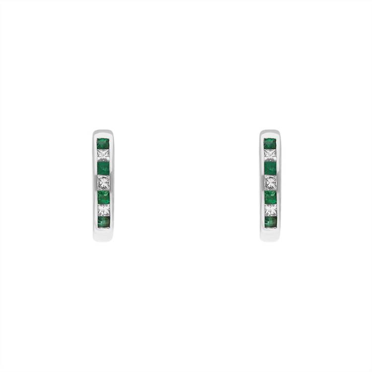 18ct White Gold Emerald Diamond Princess Cut Hoop Earrings - Gold