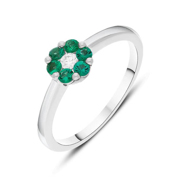 18ct White Gold Emerald Diamond Round Cluster Ring - Gold