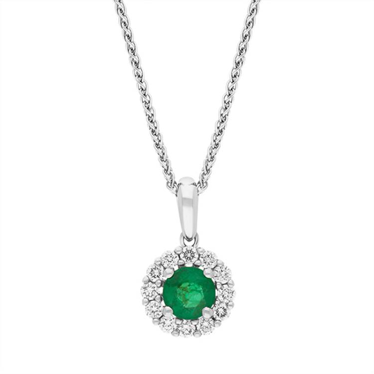 18ct White Gold Emerald Diamond Round Cluster Pendant - Gold
