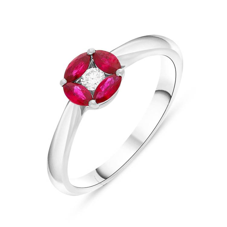 18ct White Gold Ruby Diamond Marquise Stone Round Cluster Ring - Gold