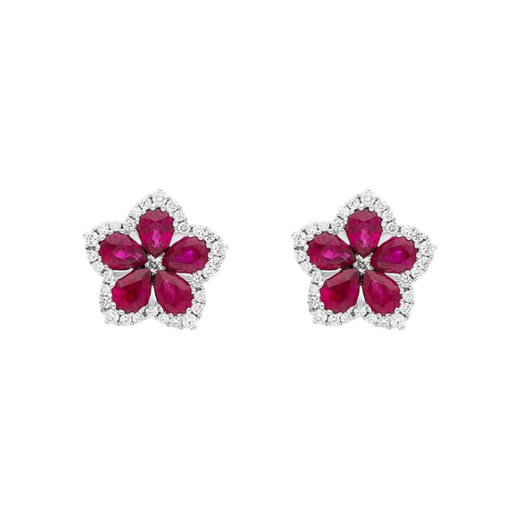 18ct White Gold Ruby Diamond Pear Cluster Flower Stud Earrings - White Gold