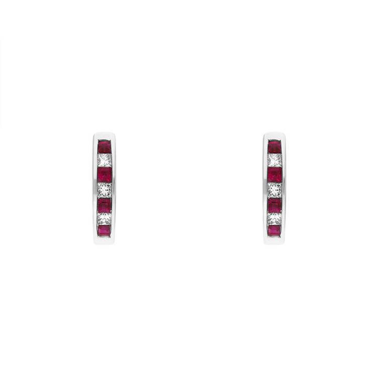 18ct White Gold Ruby Diamond Princess Cut Hoop Earrings - Gold