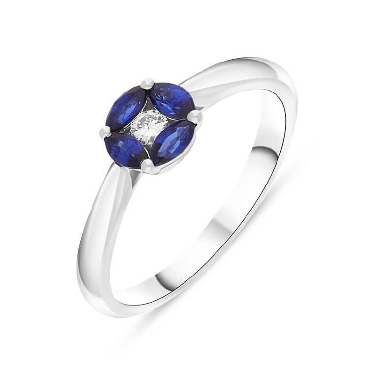 18ct White Gold Sapphire Diamond Marquise Stone Round Cluster Ring - Gold