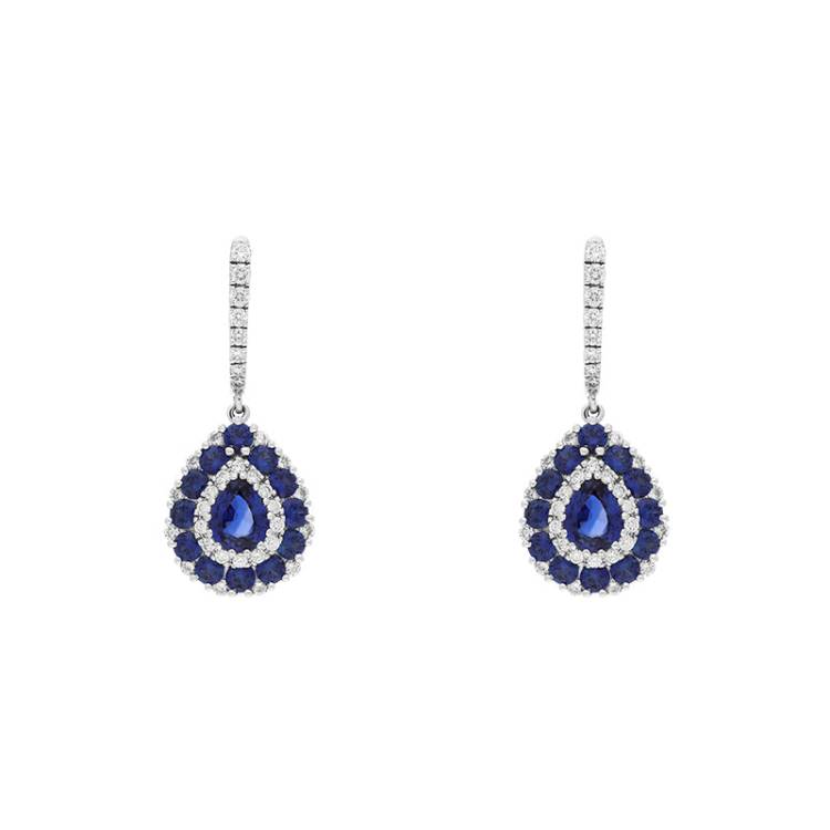 18ct White Gold Sapphire Diamond Pear Cut Drop Earrings - Gold