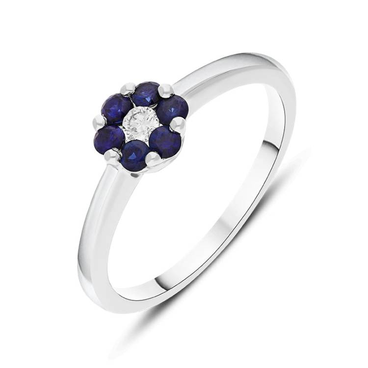 18ct White Gold Sapphire Diamond Round Cluster Ring - Gold