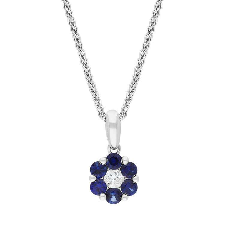 18ct White Gold Sapphire Diamond Round Cluster Pendant - Gold