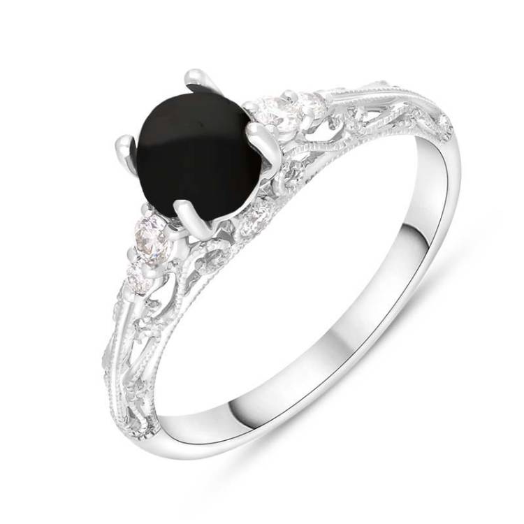 18ct White Gold Whitby Jet Diamond 0.18ct Ornate Claw Set Ring - W