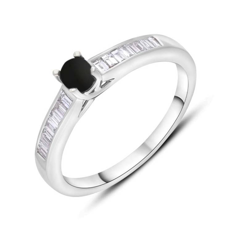 18ct White Gold Whitby Jet Diamond 0.20ct Round Claw Set Ring - J
