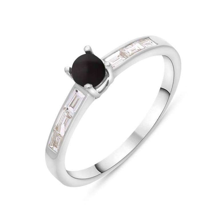 18ct White Gold Whitby Jet Diamond 0.31ct Round Claw Set Ring - Y