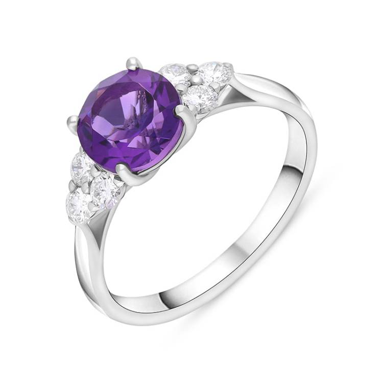18ct White Gold 1.30ct Amethyst Diamond Cluster Round Cut Ring - L