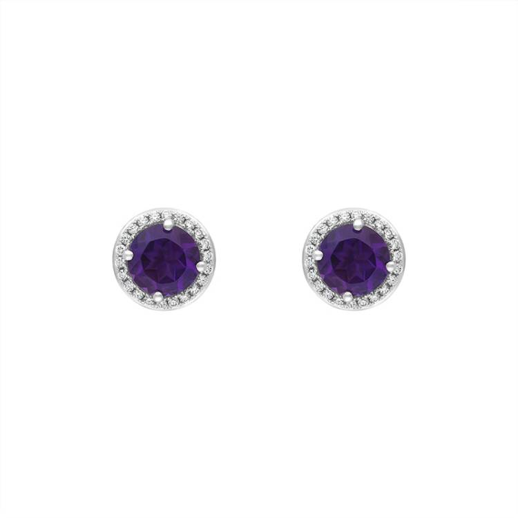 18ct White Gold Amethyst Diamond Cluster Round Stud Earrings - White Gold