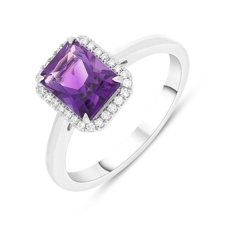 18ct White Gold Amethyst Diamond Emerald Cut Cluster Ring - N