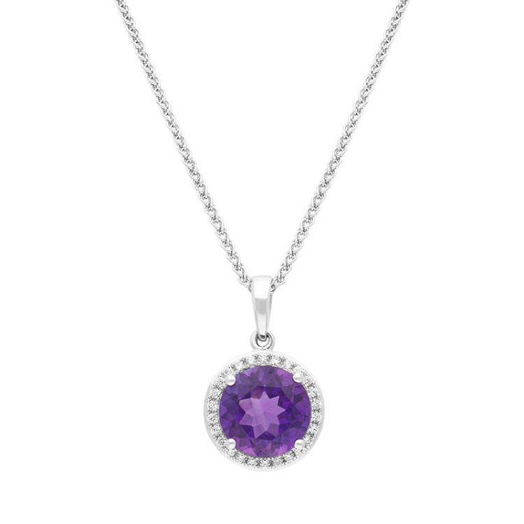 18ct White Gold Amethyst Diamond Round Cluster Pendant - White Gold