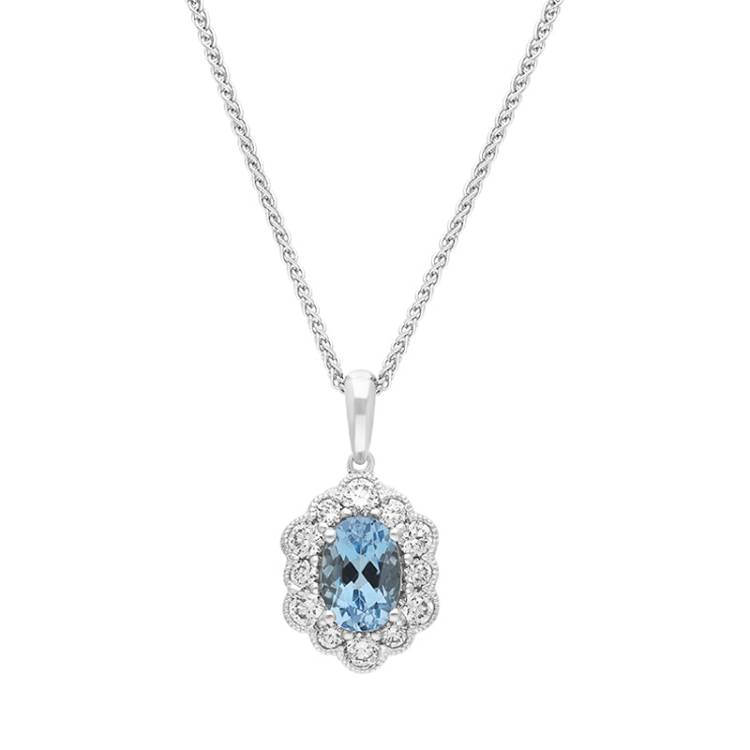 18ct White Gold Aquamarine Diamond Cluster Oval Pendant - White Gold