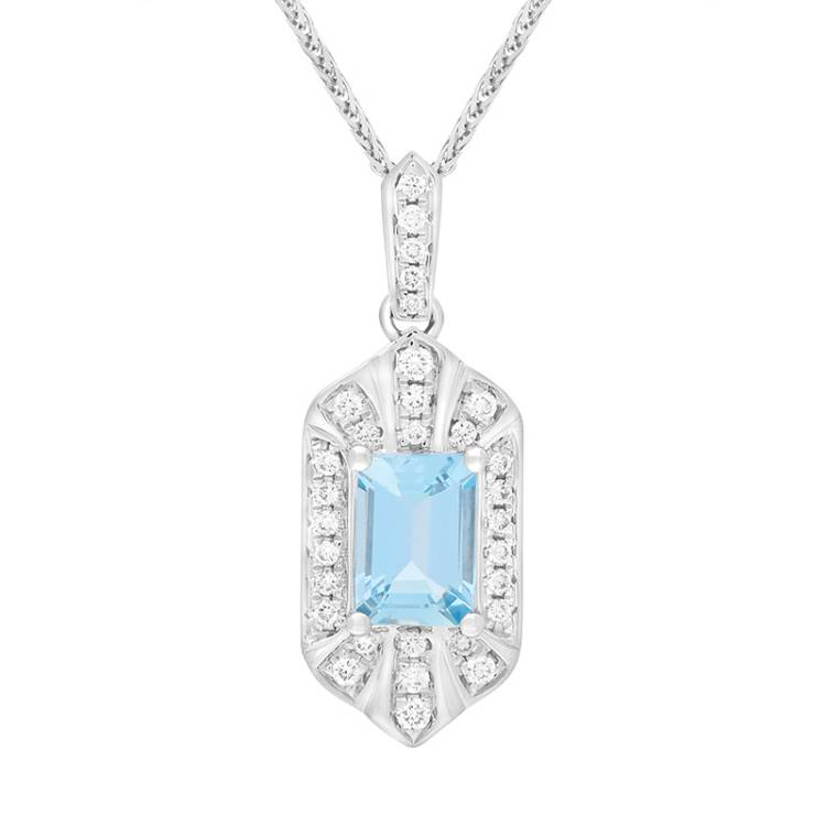 18ct White Gold Aquamarine Diamond Emerald Cut Cluster Pendant
