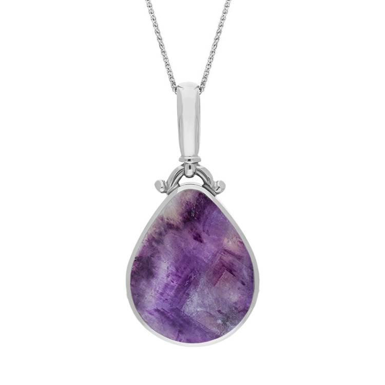 18ct White Gold Blue John Mother of Pearl Double Sided Pear Fob Necklace - White Gold