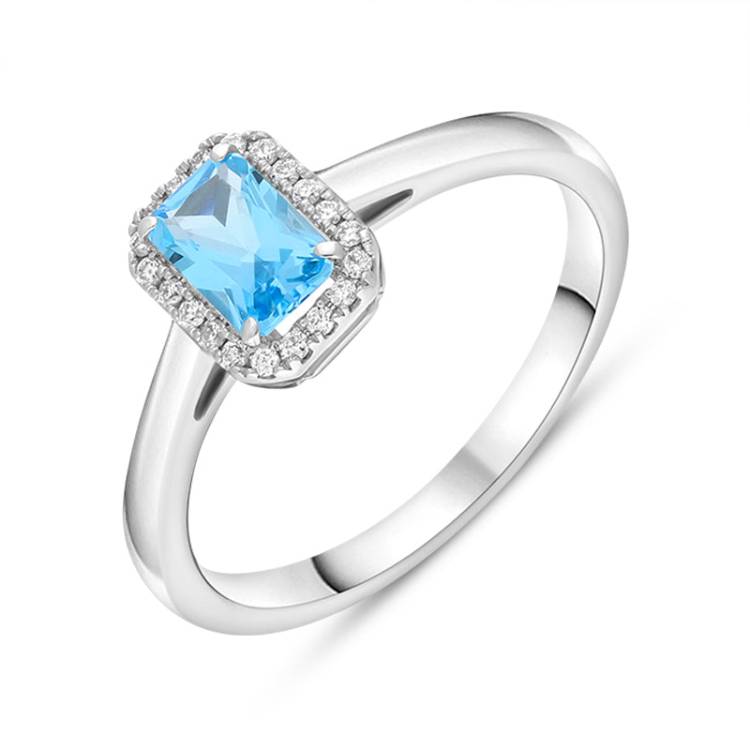Tivon 18ct White Gold Blue Topaz Diamond Emerald Cut Cluster Ring - M.5