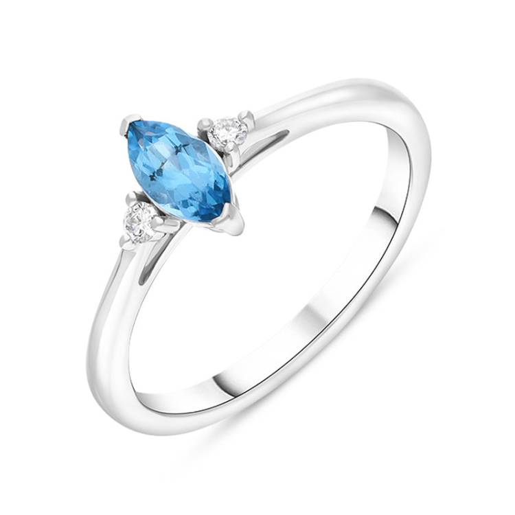 18ct White Gold Blue Topaz Diamond Marquise Three Stone Ring - M.5