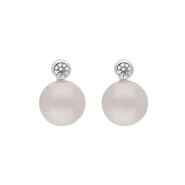 18ct White Gold Diamond Akoya Pearl Stud Earrings - Gold