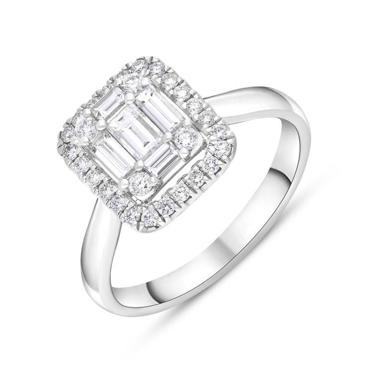 18ct White Gold Diamond Baguette Cut Vintage Style Cluster Ring - Option1 Value White Gold