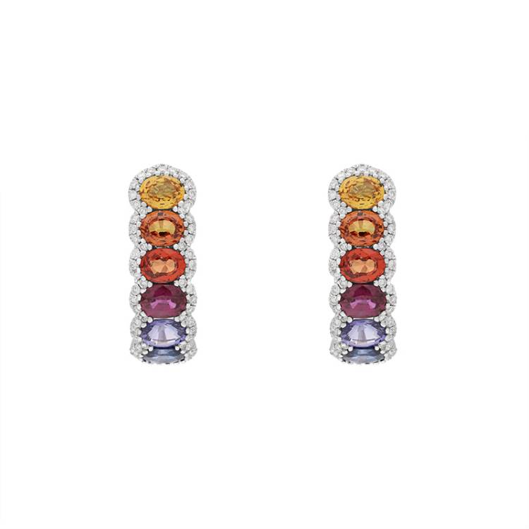 18ct White Gold Diamond Multicoloured Sapphire Hoop Earrings