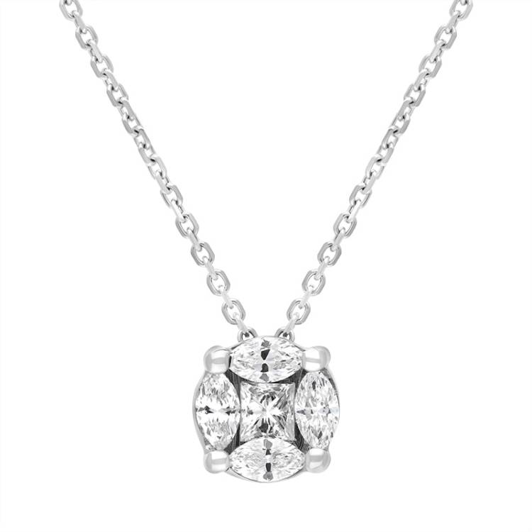 18ct White Gold Diamond Princess and Marquise Cut Round Cluster Necklace