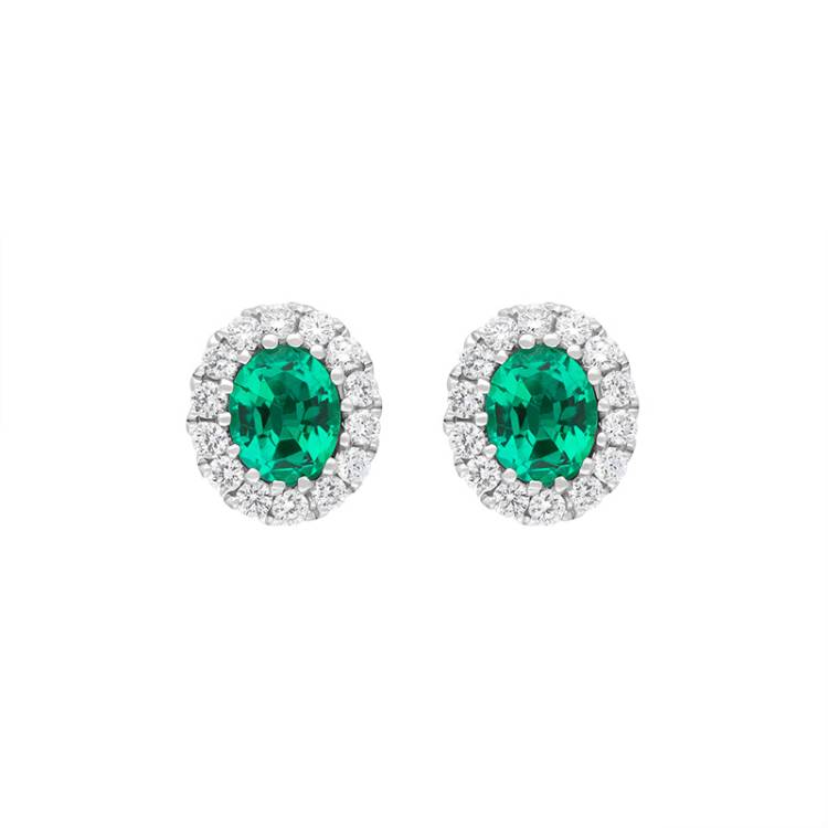 18ct White Gold Emerald Diamond Oval Cluster Stud Earrings - White Gold
