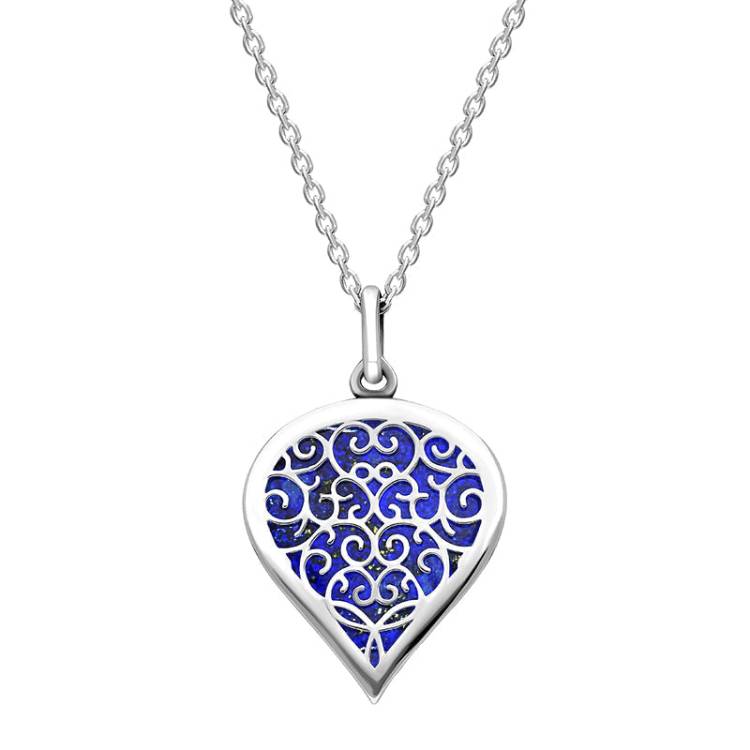 18ct White Gold Lapis Lazuli Flore Filigree Medium Heart Necklace