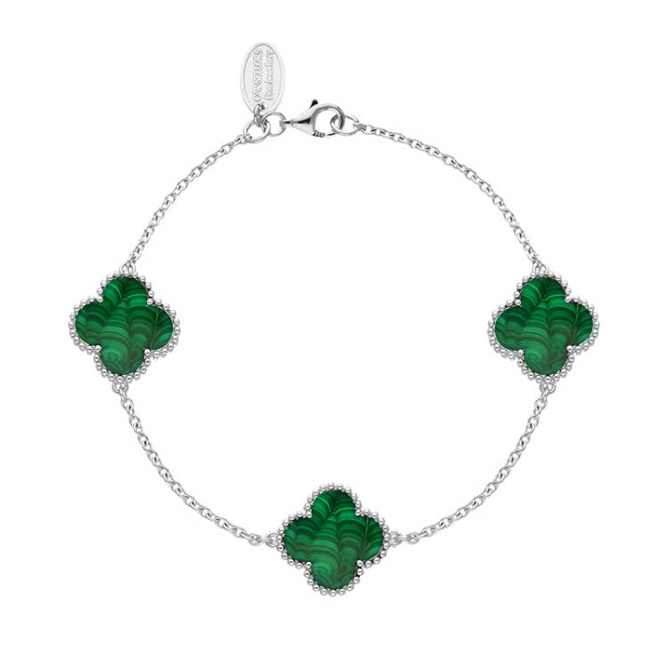 18ct White Gold Malachite Bloom Four Leaf Clover Ball Edge Chain Bracelet
