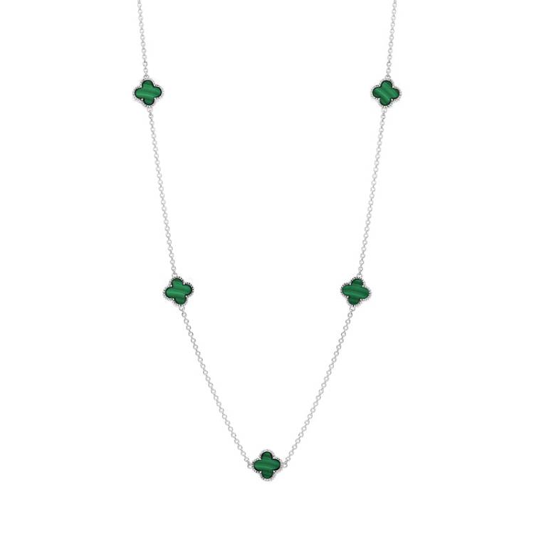 18ct White Gold Malachite Bloom Four Leaf Clover Ball Edge Necklace