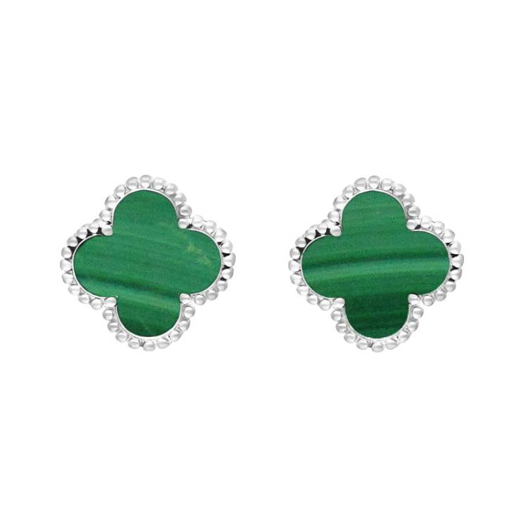18ct White Gold Malachite Bloom Four Leaf Clover Ball Edge Stud Earrings