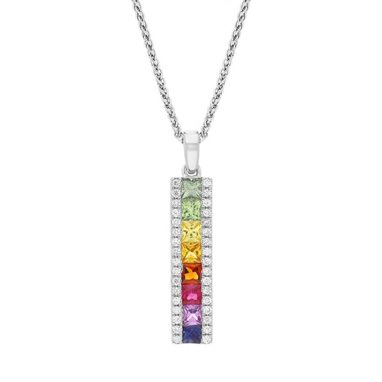 18ct White Gold Multicoloured Sapphire Diamond Bar Pendant - Gold