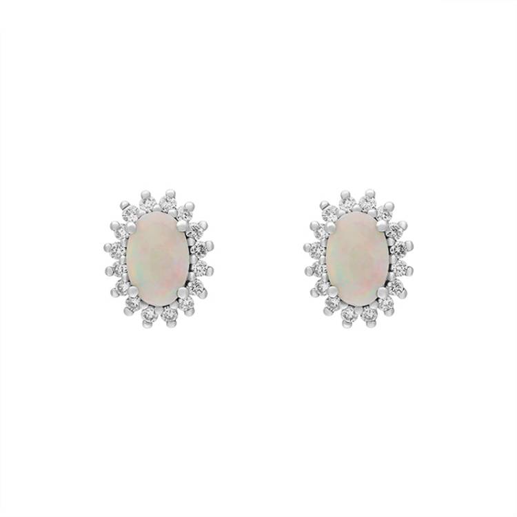 18ct White and Yellow Gold Opal Diamond Oval Cluster Stud Earrings - Option1 Value White Gold