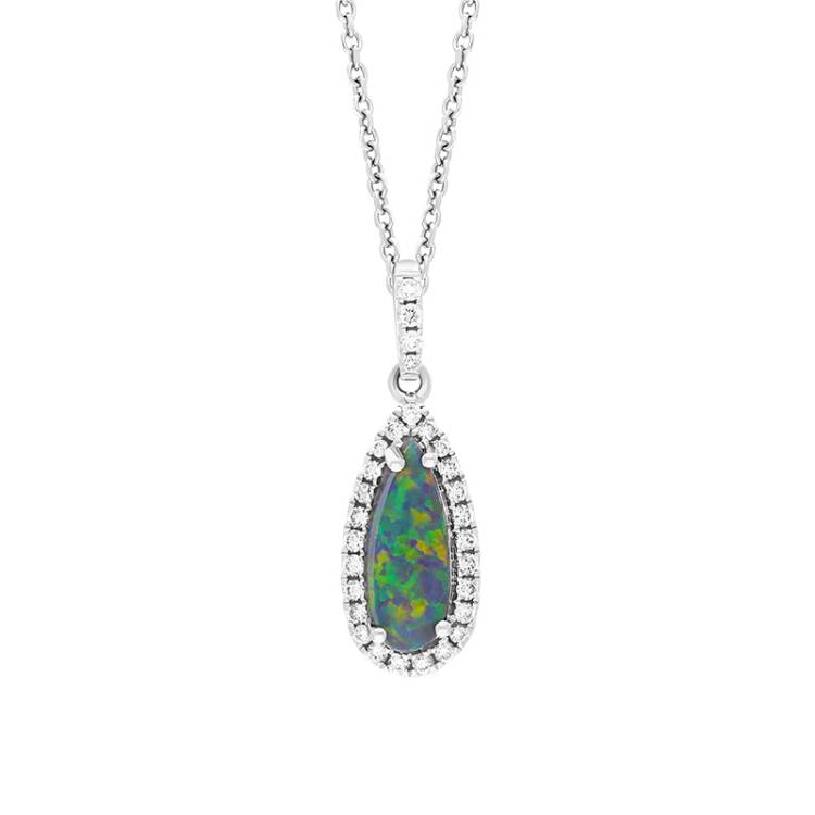 18ct White Gold Opal Diamond Pear Cluster Pendant - White Gold