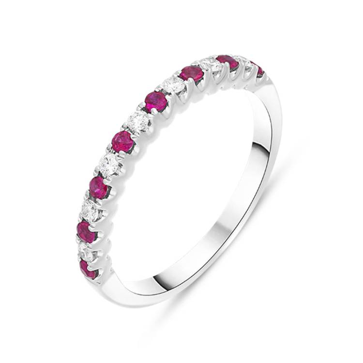 18ct White Gold Ruby Diamond Castle Set Half Eternity Ring - White Gold